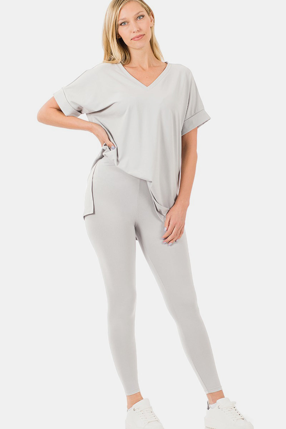 Zenana V-Neck T-Shirt and Leggings Lounge Set in Cement