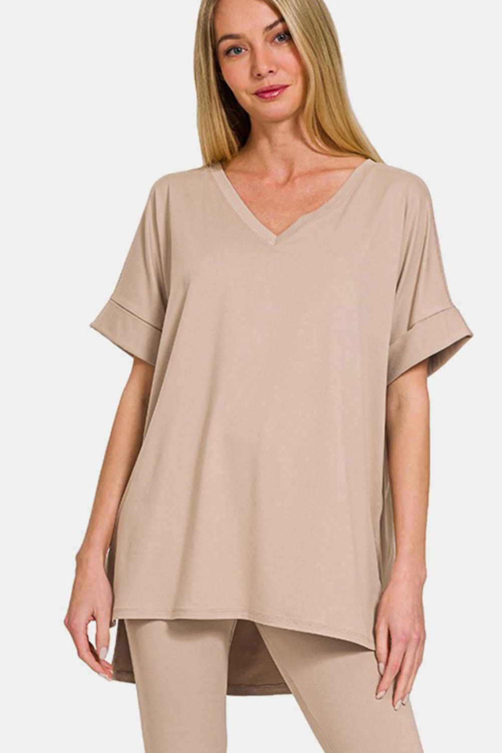 Zenana V-Neck T-Shirt and Leggings Lounge Set in Mocha