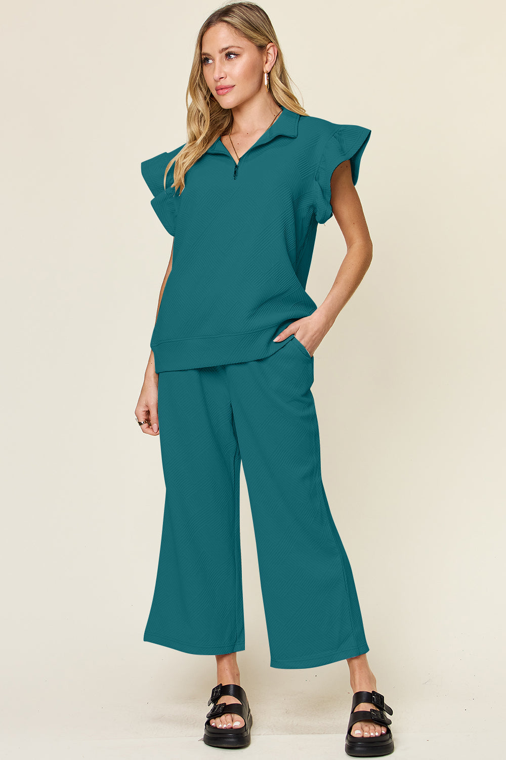 Savannah Ruffle Top & Drawstring Wide Leg Pants Set in 12 Colors!