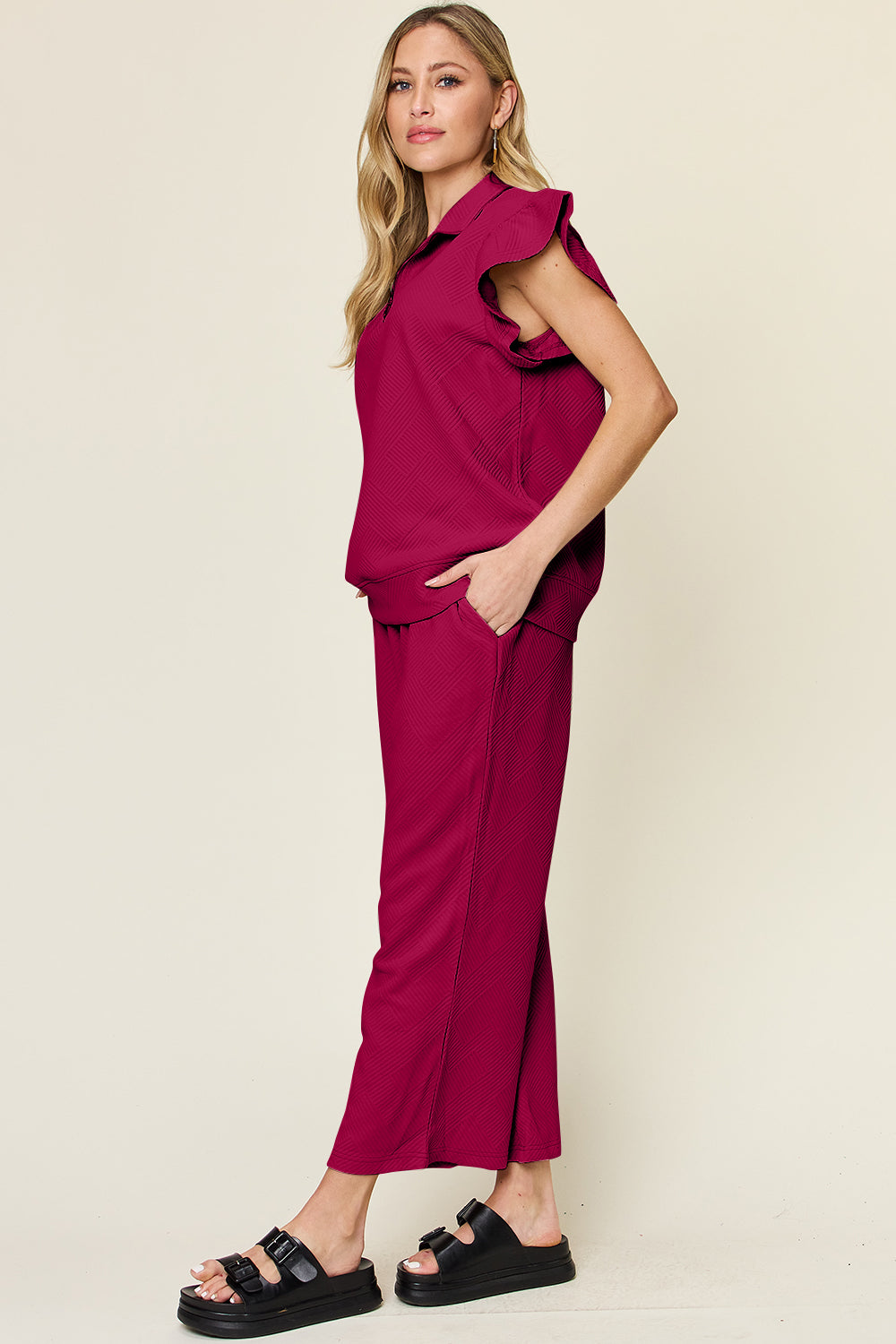 Savannah Ruffle Top & Drawstring Wide Leg Pants Set in 12 Colors!