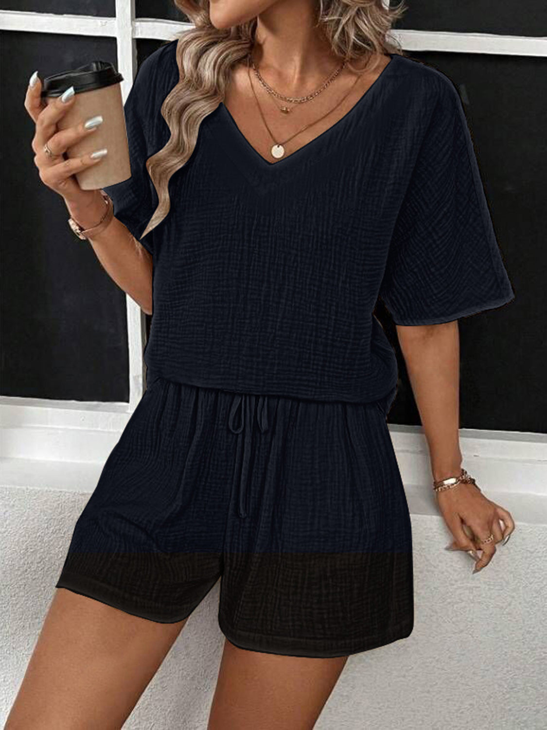 Helen V-Neck Half Sleeve Top & Shorts Set in 5 Colors!