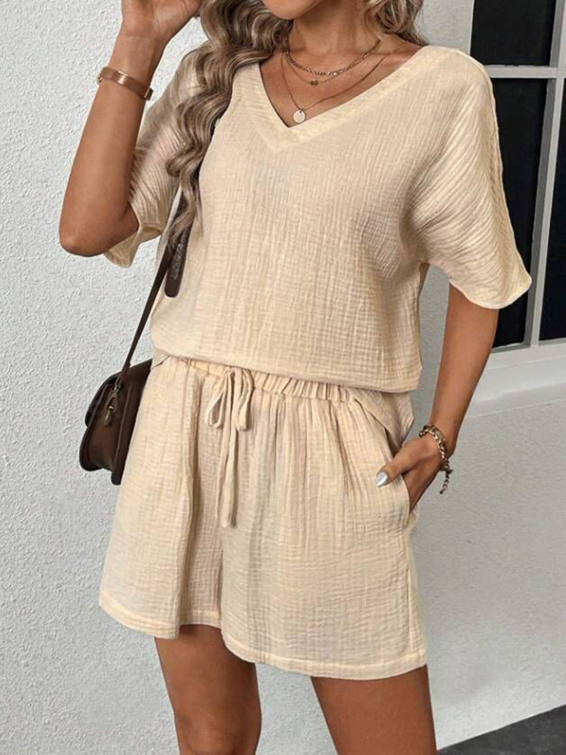 Helen V-Neck Half Sleeve Top & Shorts Set in 5 Colors!