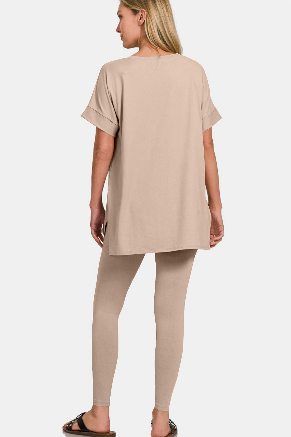 Zenana V-Neck T-Shirt and Leggings Lounge Set in Mocha