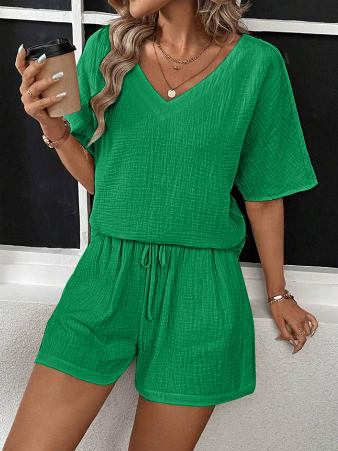 Helen V-Neck Half Sleeve Top & Shorts Set in 5 Colors!