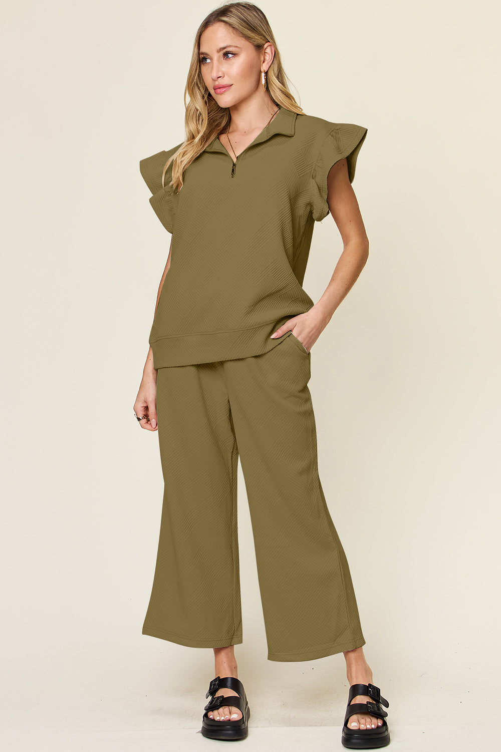 Savannah Ruffle Top & Drawstring Wide Leg Pants Set in 12 Colors!