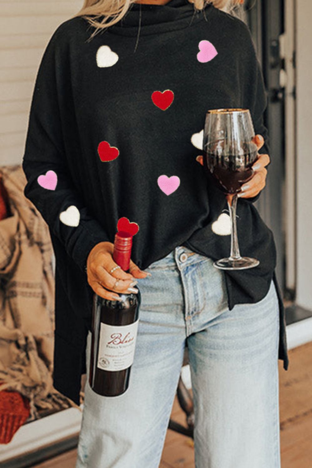 Heart Patched Turtleneck Long Sleeve Top