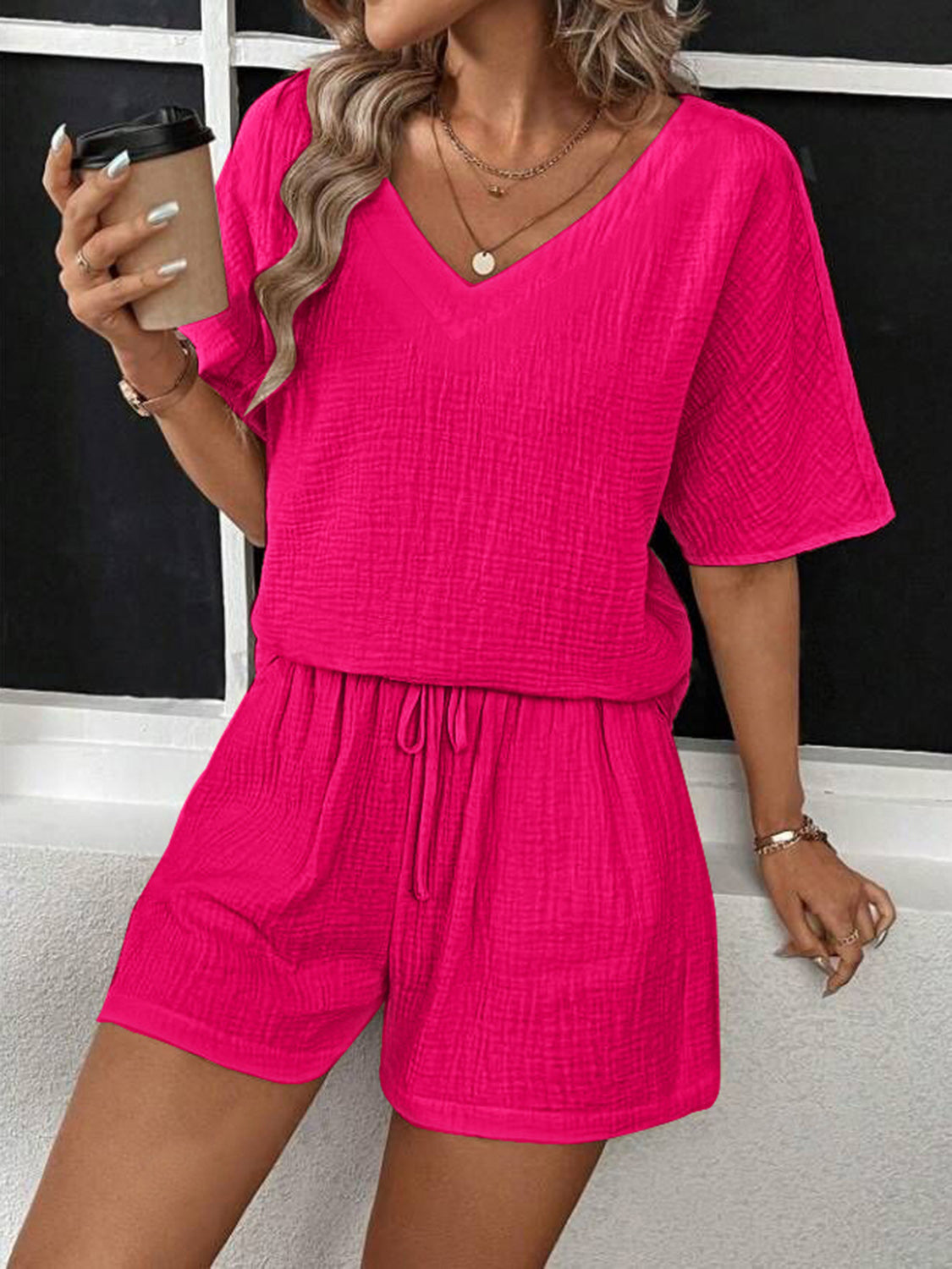 Helen V-Neck Half Sleeve Top & Shorts Set in 5 Colors!