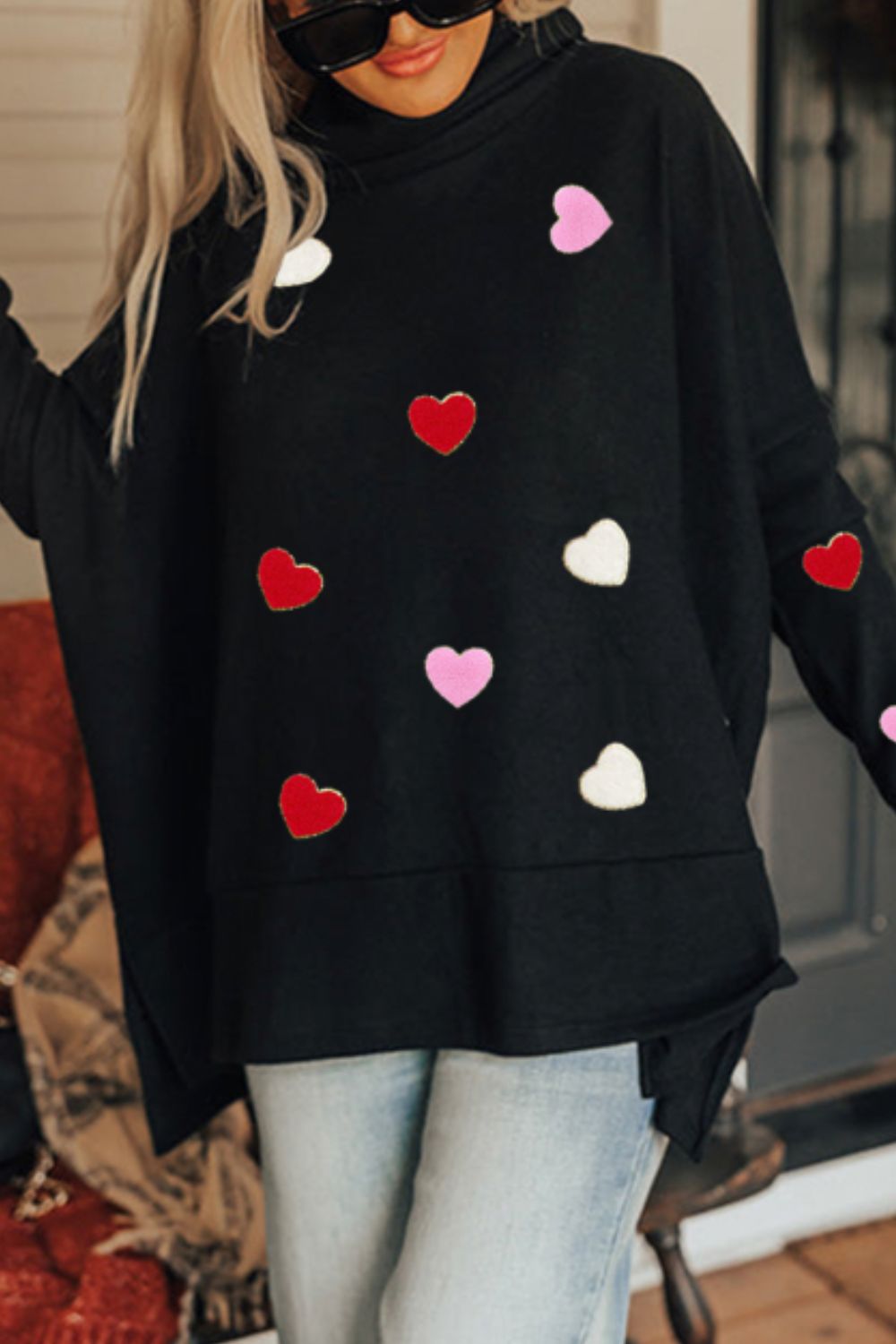 Heart Patched Turtleneck Long Sleeve Top