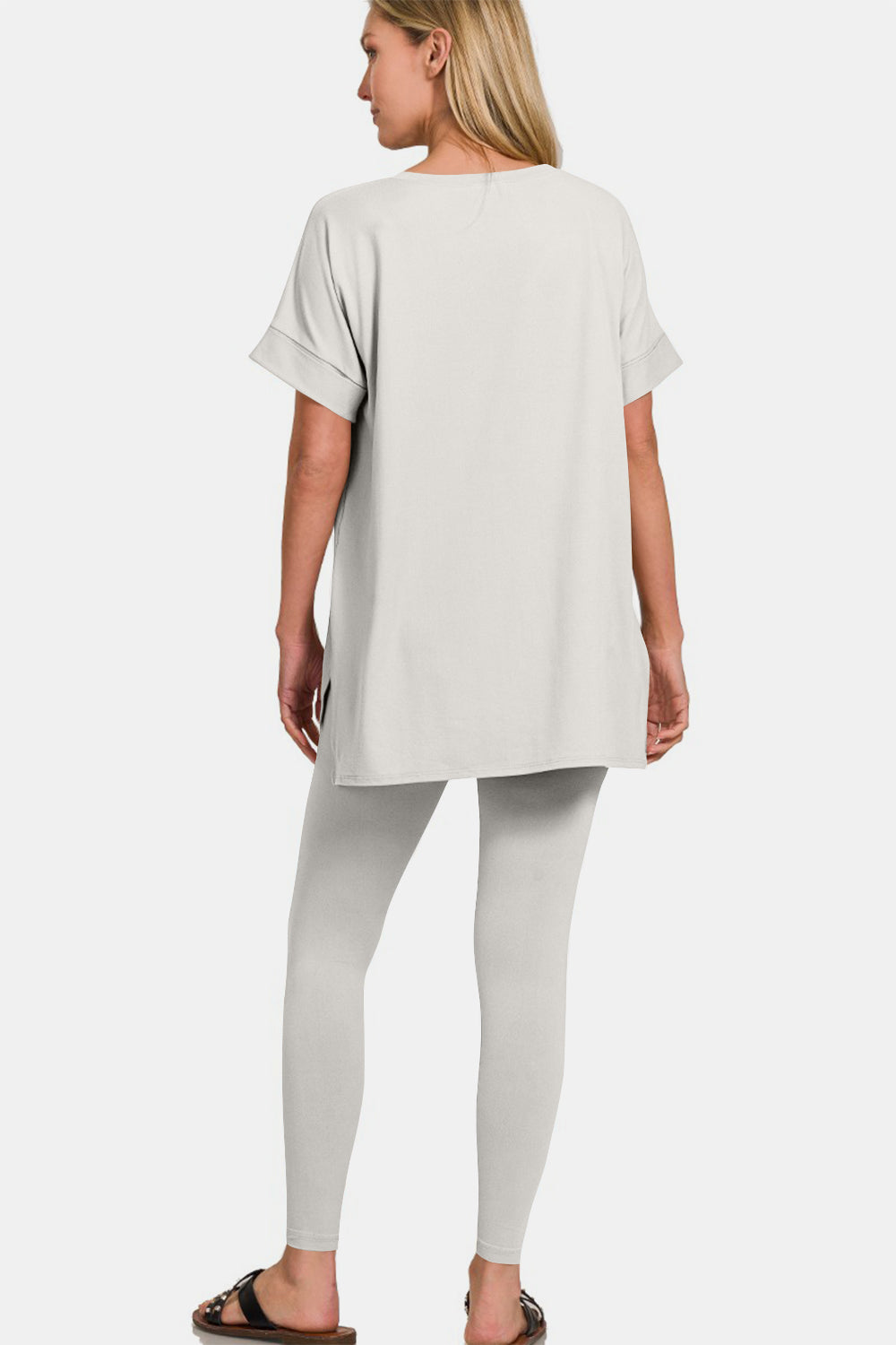 Zenana V-Neck T-Shirt and Leggings Lounge Set in Cement