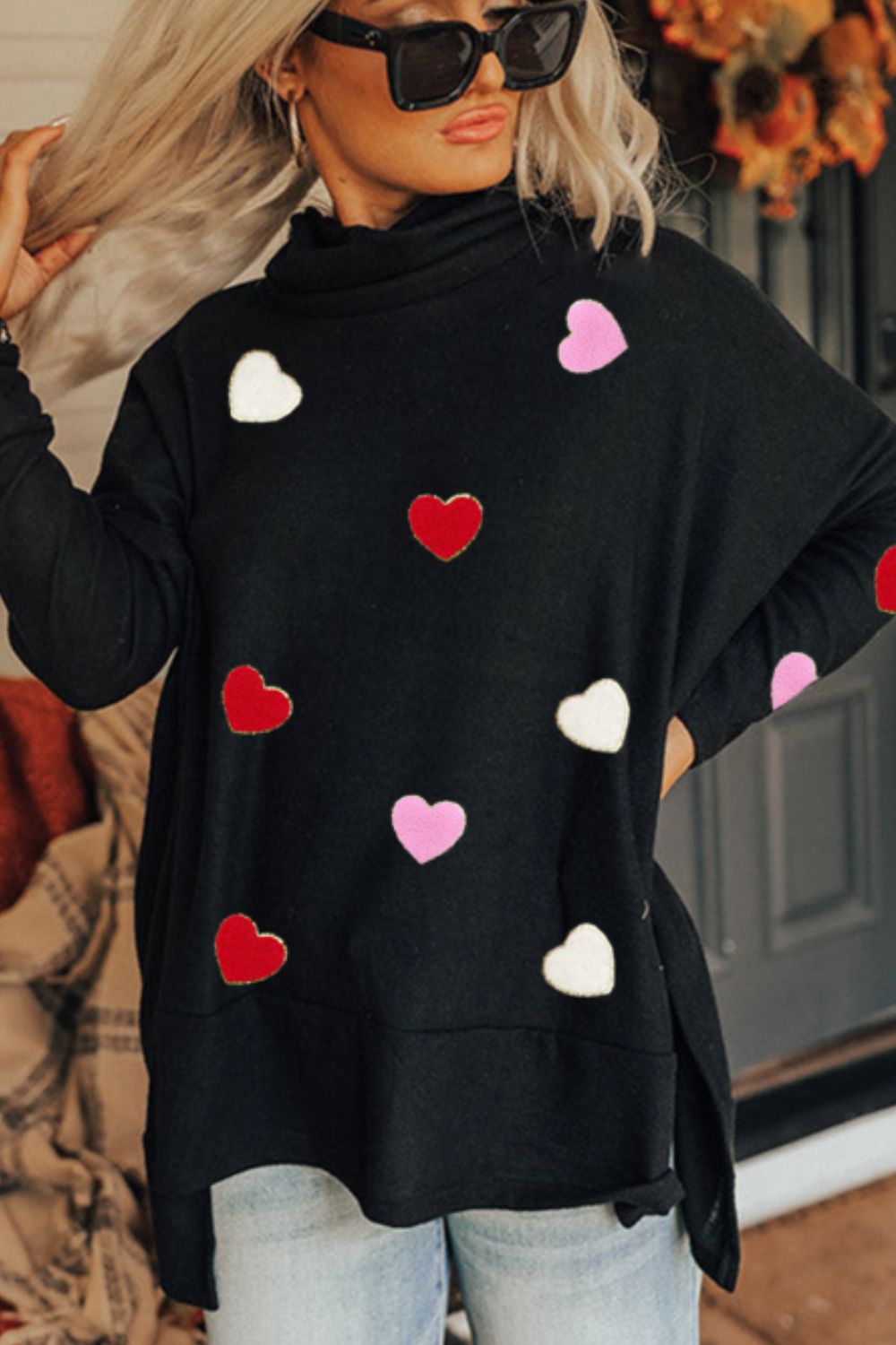 Heart Patched Turtleneck Long Sleeve Top