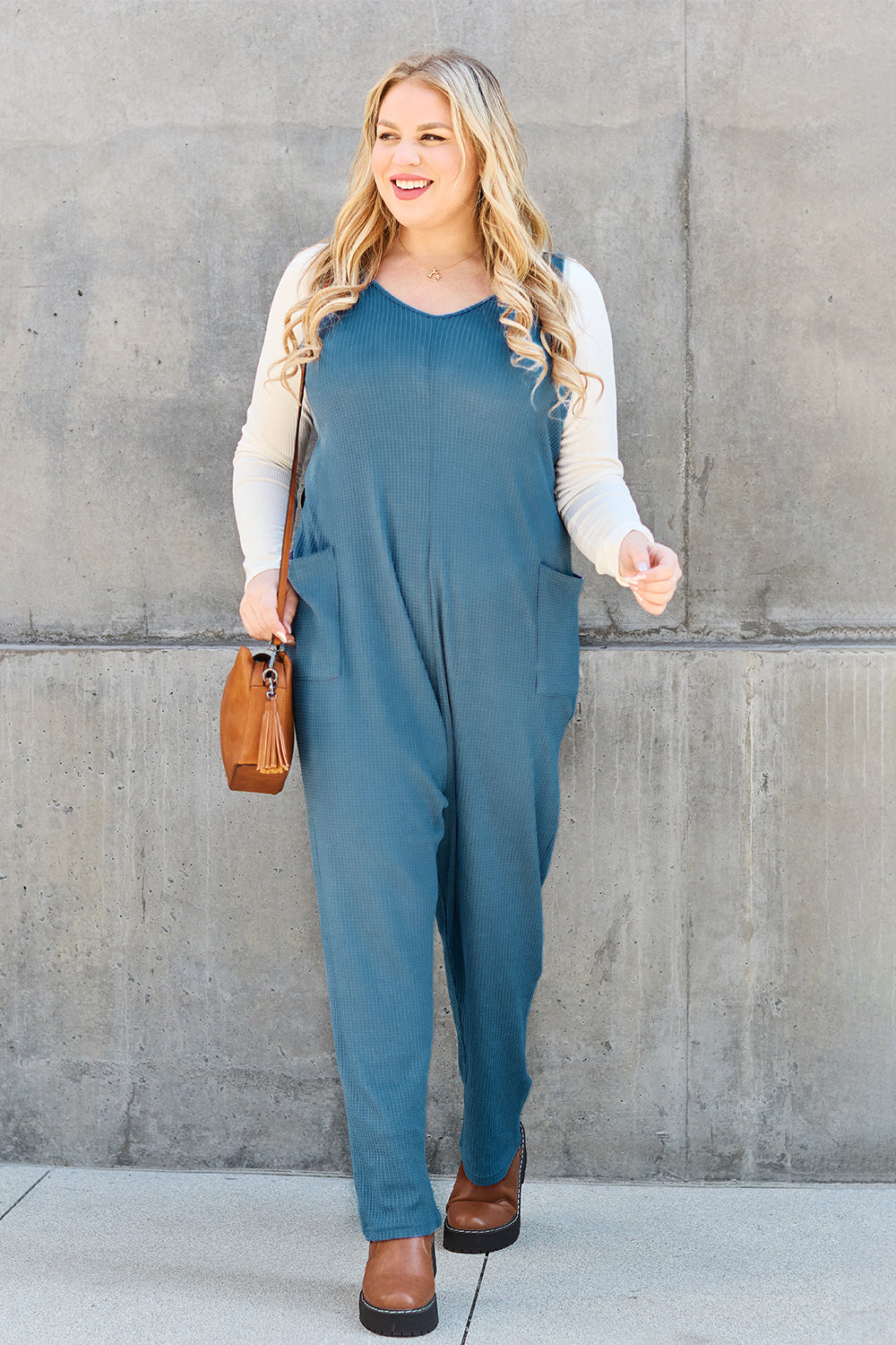 Rose Waffle Sleeveless Straight Jumpsuit in 2 Colors