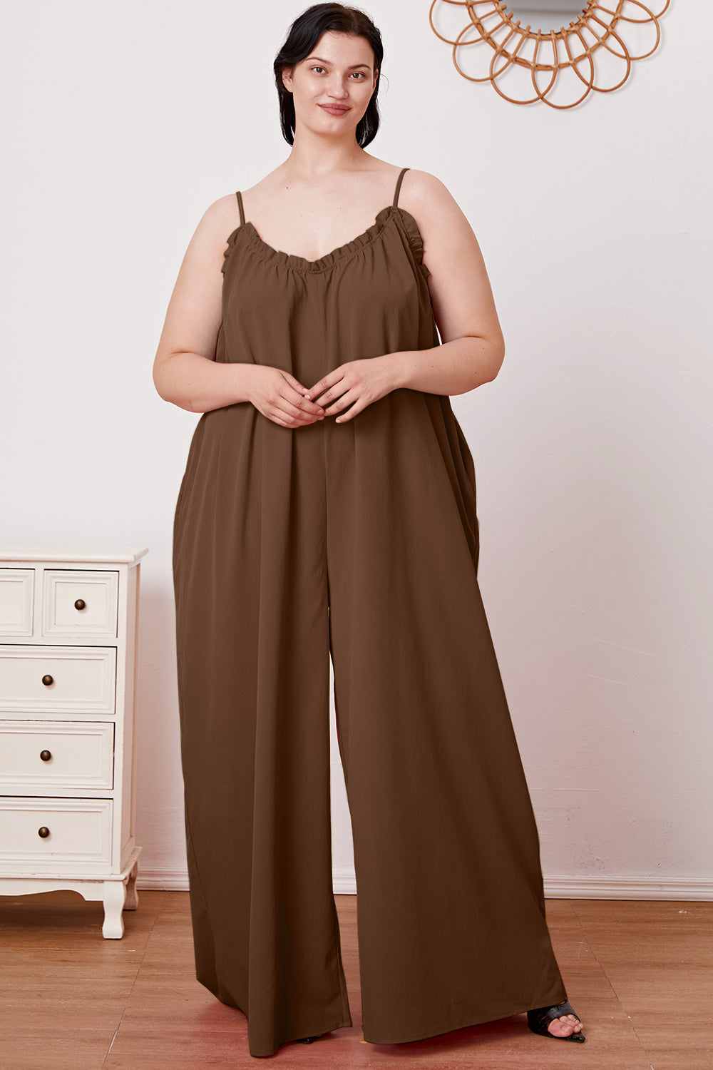 Ellie Ruffle Trim Tie Back Cami Jumpsuit with Pockets in 2 Colors