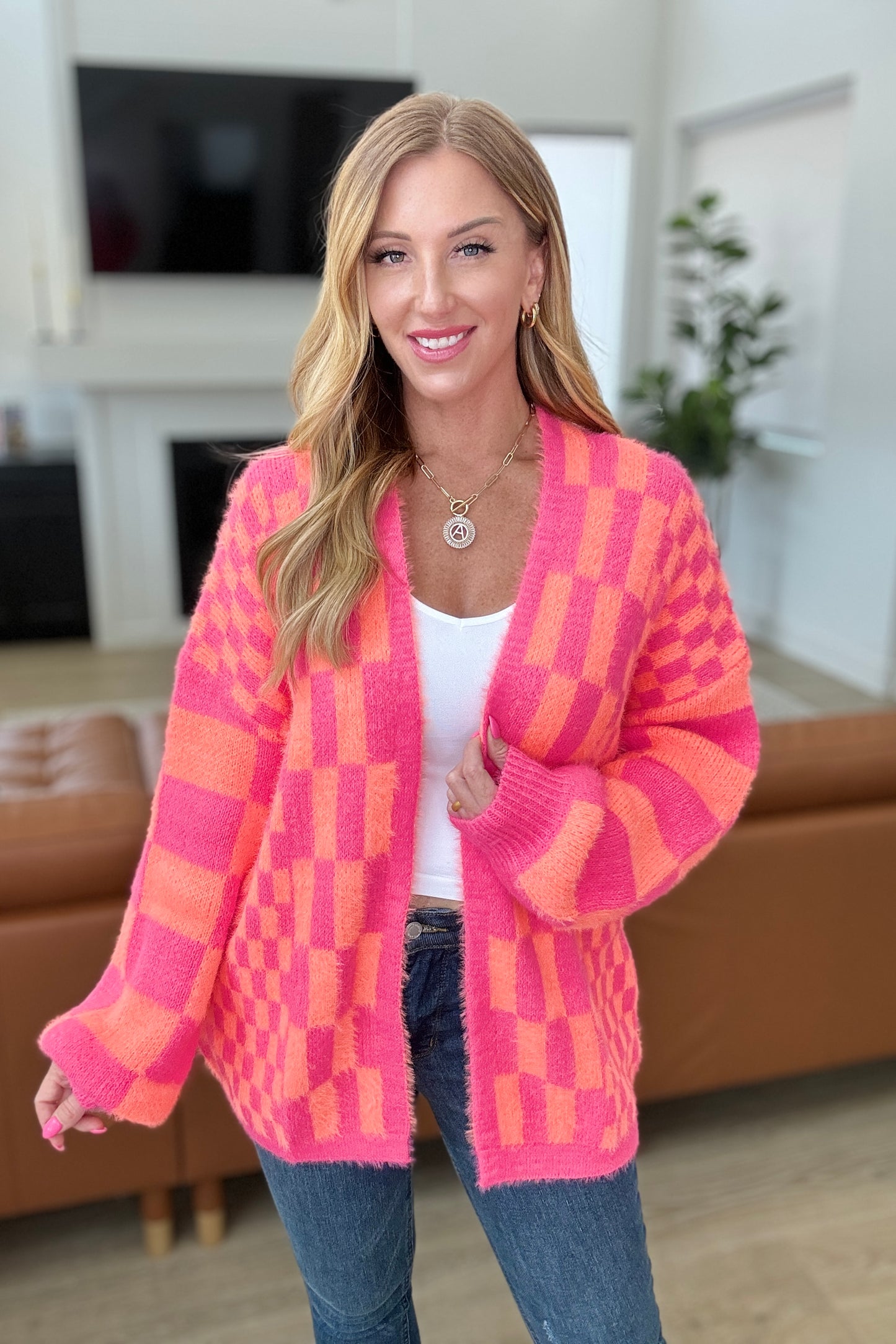 Noticed in Neon Checkered Cardigan in Pink and Orange