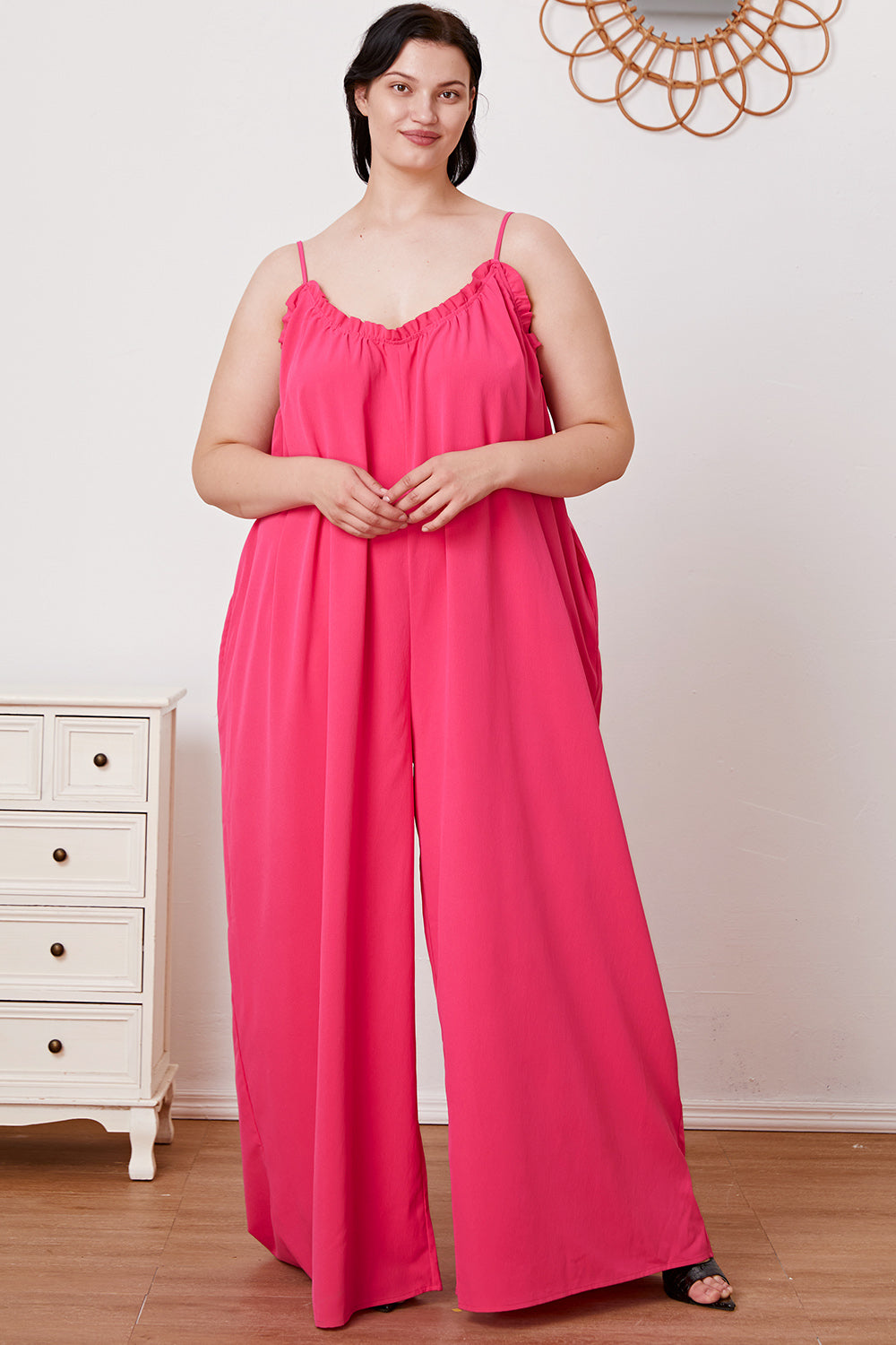 Ellie Ruffle Trim Tie Back Cami Jumpsuit with Pockets in 2 Colors