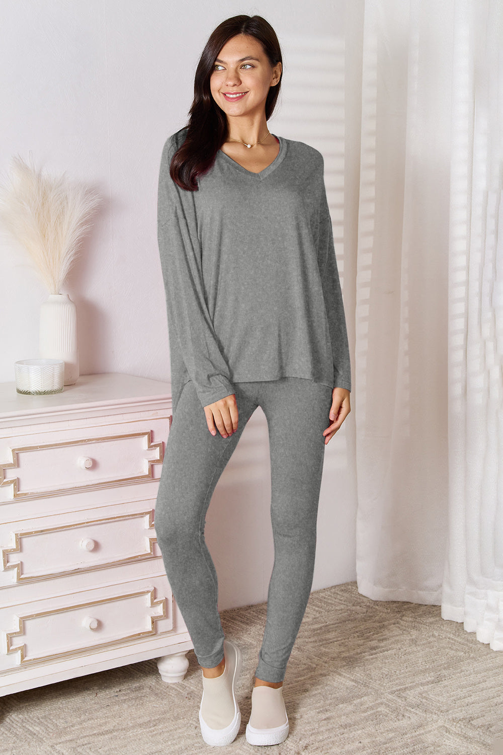 Basic Bae Bamboo V-Neck Top and Pants Lounge Set in 3 Colors!!