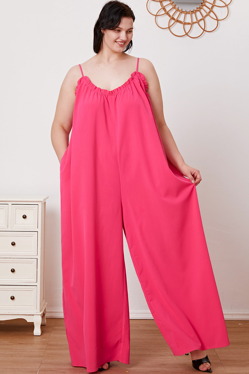 Ellie Ruffle Trim Tie Back Cami Jumpsuit with Pockets in 2 Colors