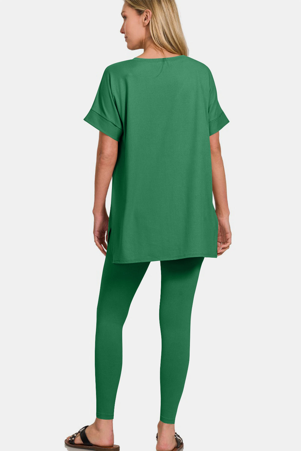 Zenana V-Neck T-Shirt and Leggings Lounge Set in Forest Green