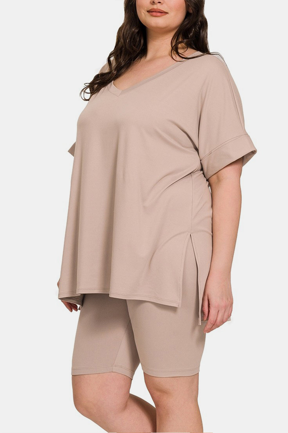 Zenana V-Neck T-Shirt and Shorts Set in Mocha