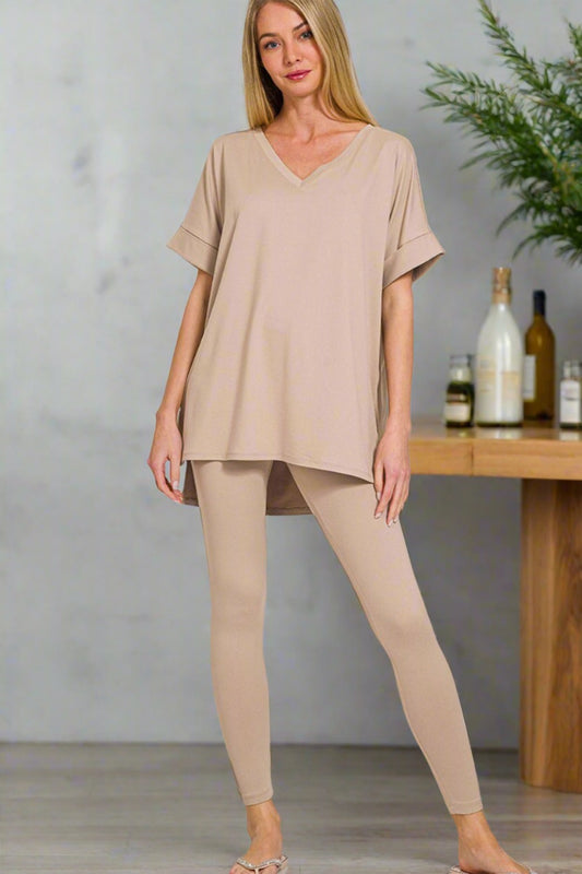 Zenana V-Neck T-Shirt and Leggings Lounge Set in Mocha