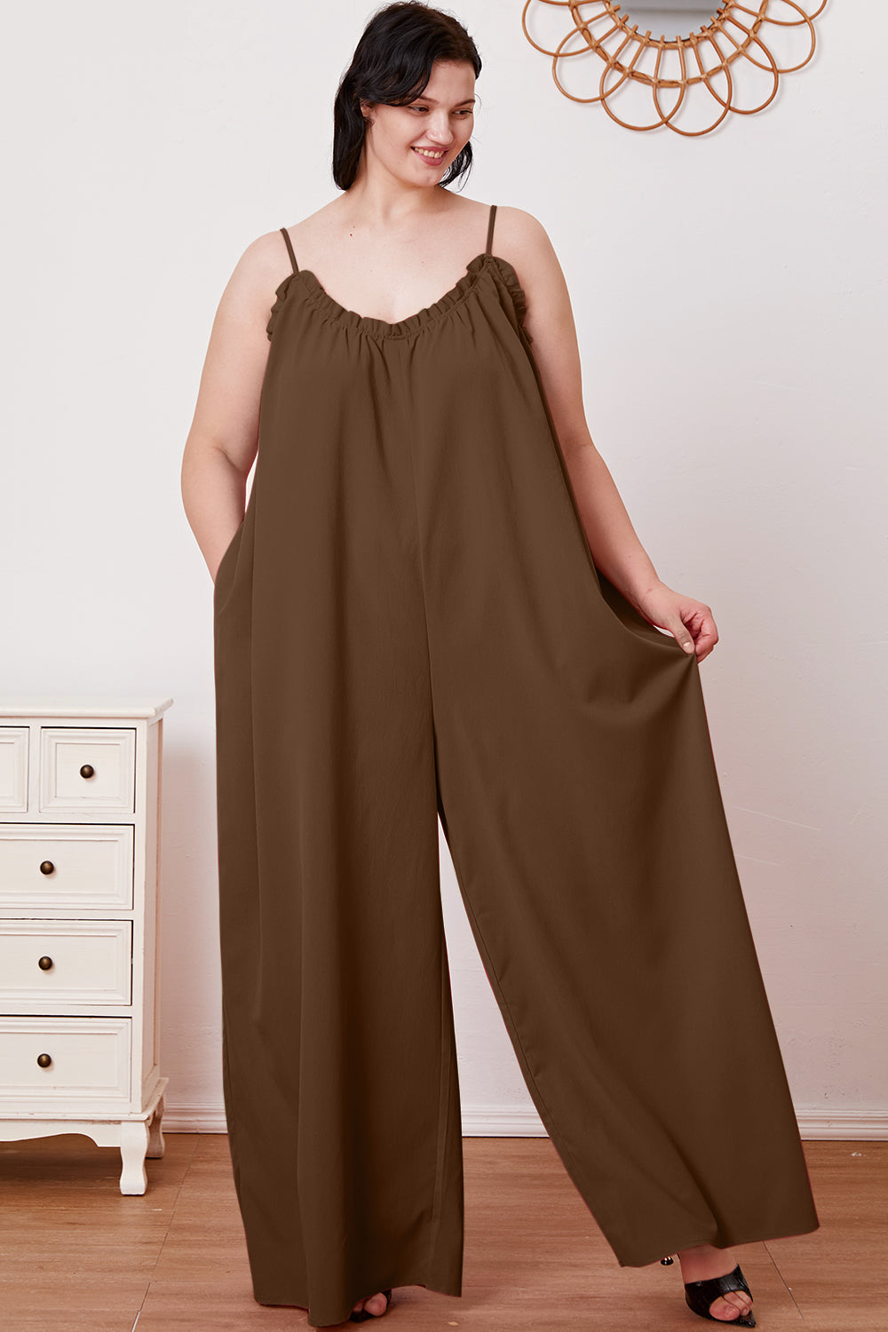 Ellie Ruffle Trim Tie Back Cami Jumpsuit with Pockets in 2 Colors