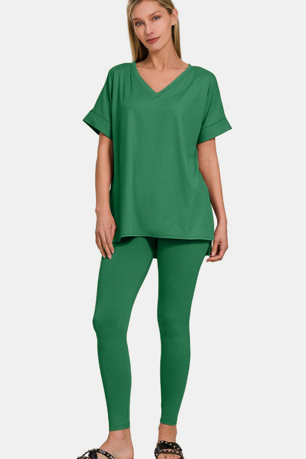 Zenana V-Neck T-Shirt and Leggings Lounge Set in Forest Green