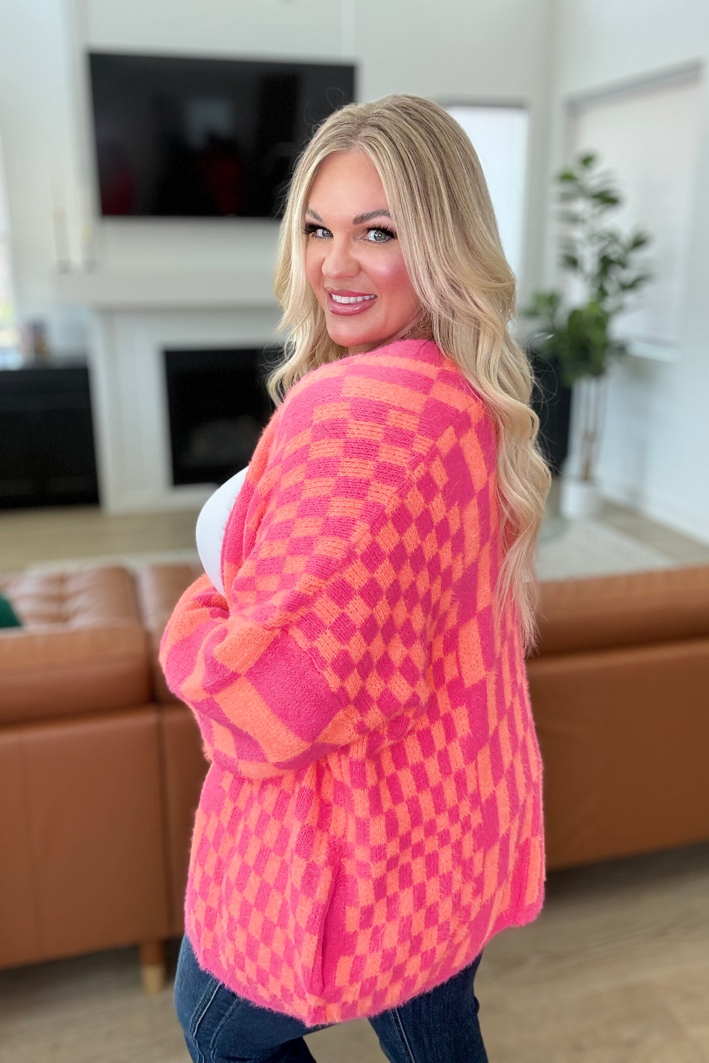 Noticed in Neon Checkered Cardigan in Pink and Orange