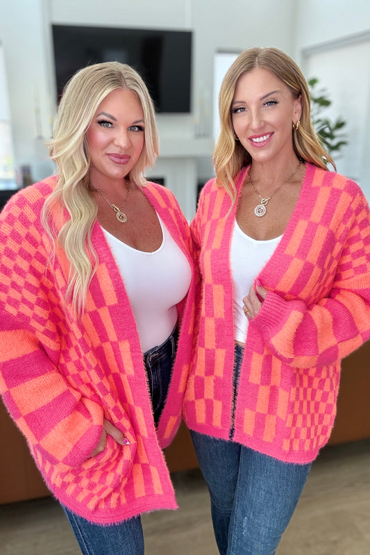 Noticed in Neon Checkered Cardigan in Pink and Orange