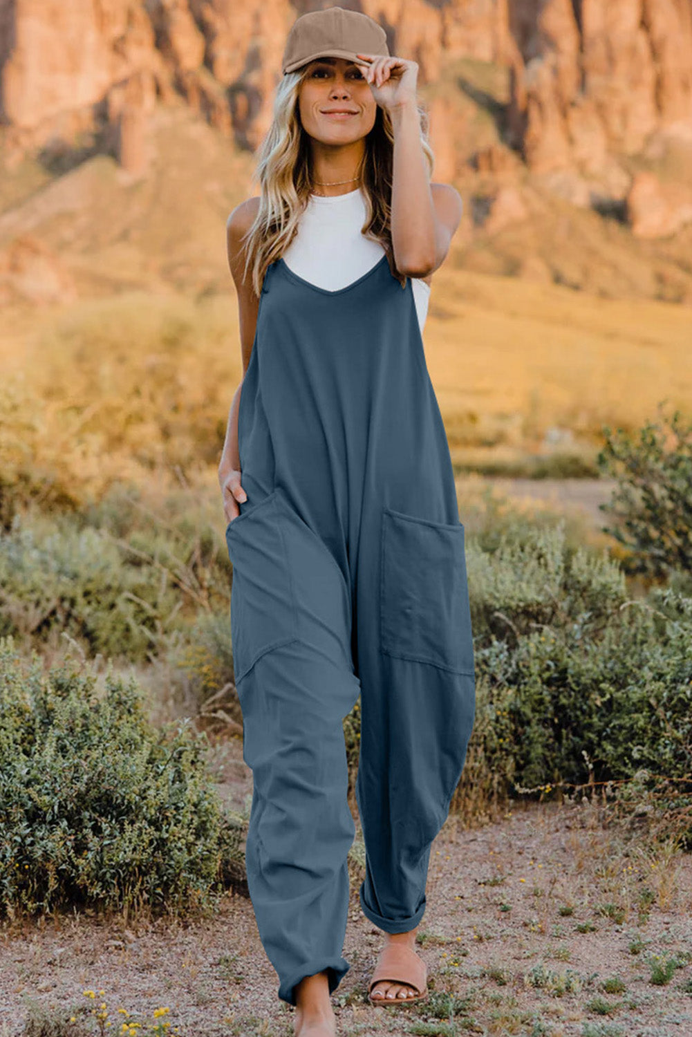 Donna V-Neck Sleeveless Jumpsuit w/Pockets in 6 Colors!