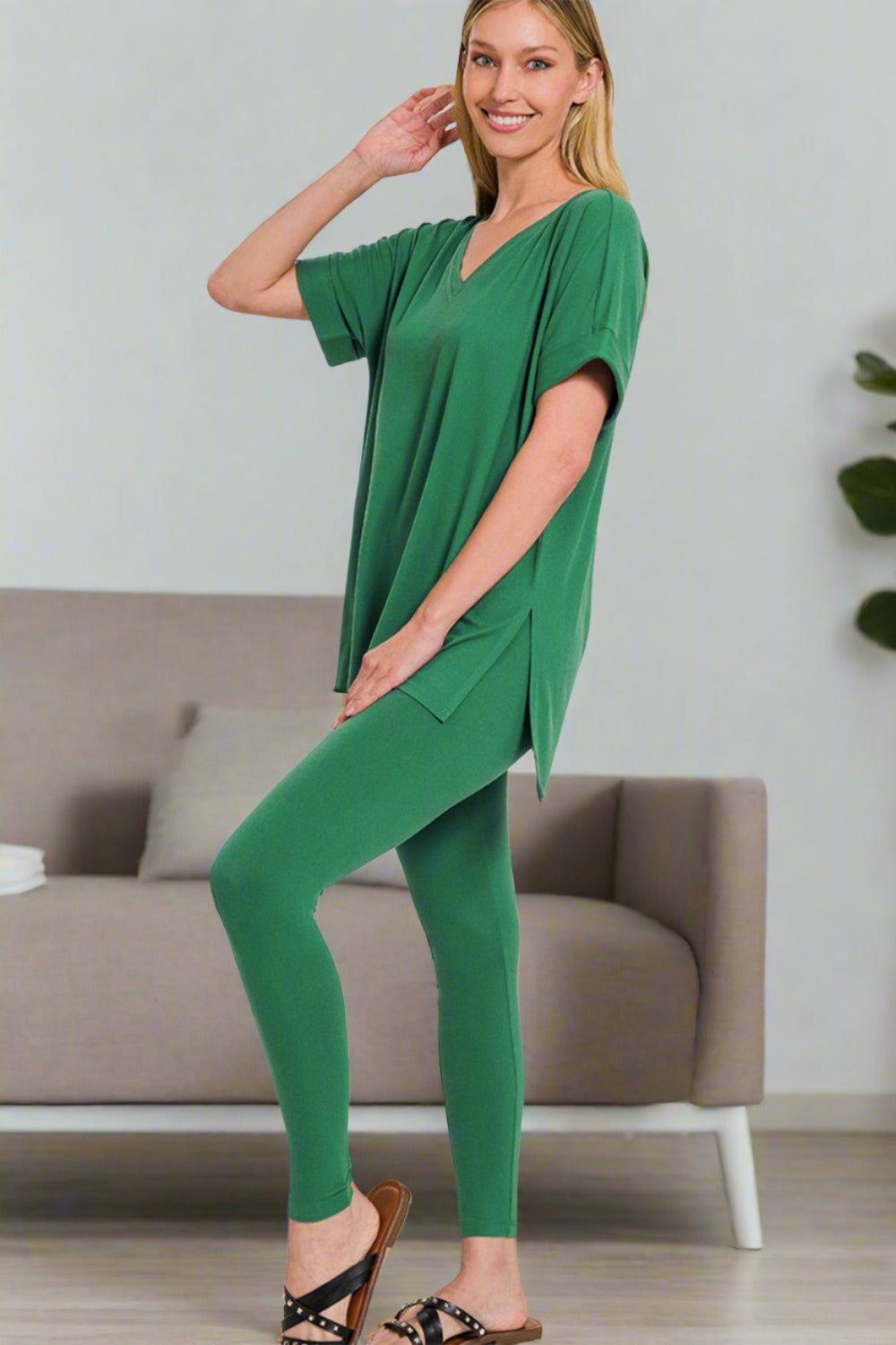 Zenana V-Neck T-Shirt and Leggings Lounge Set in Forest Green