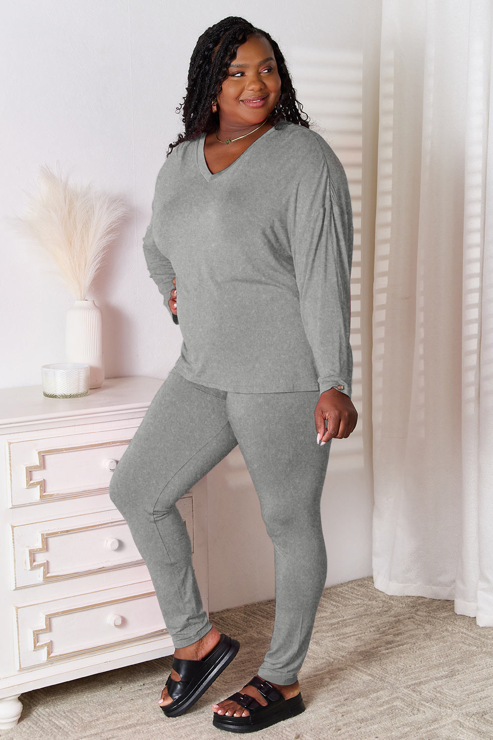 Basic Bae Bamboo V-Neck Top and Pants Lounge Set in 3 Colors!!