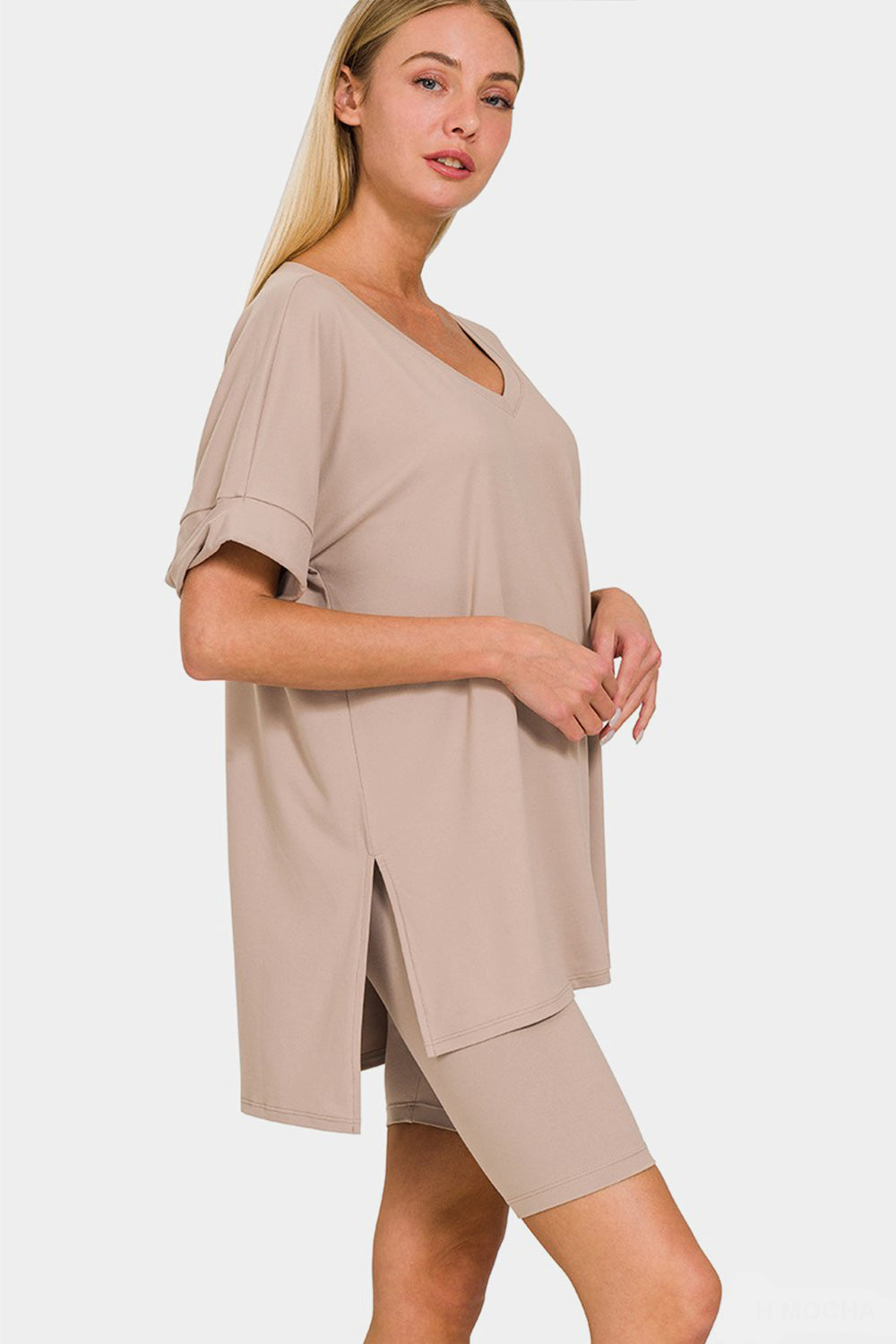 Zenana V-Neck T-Shirt and Shorts Set in Mocha