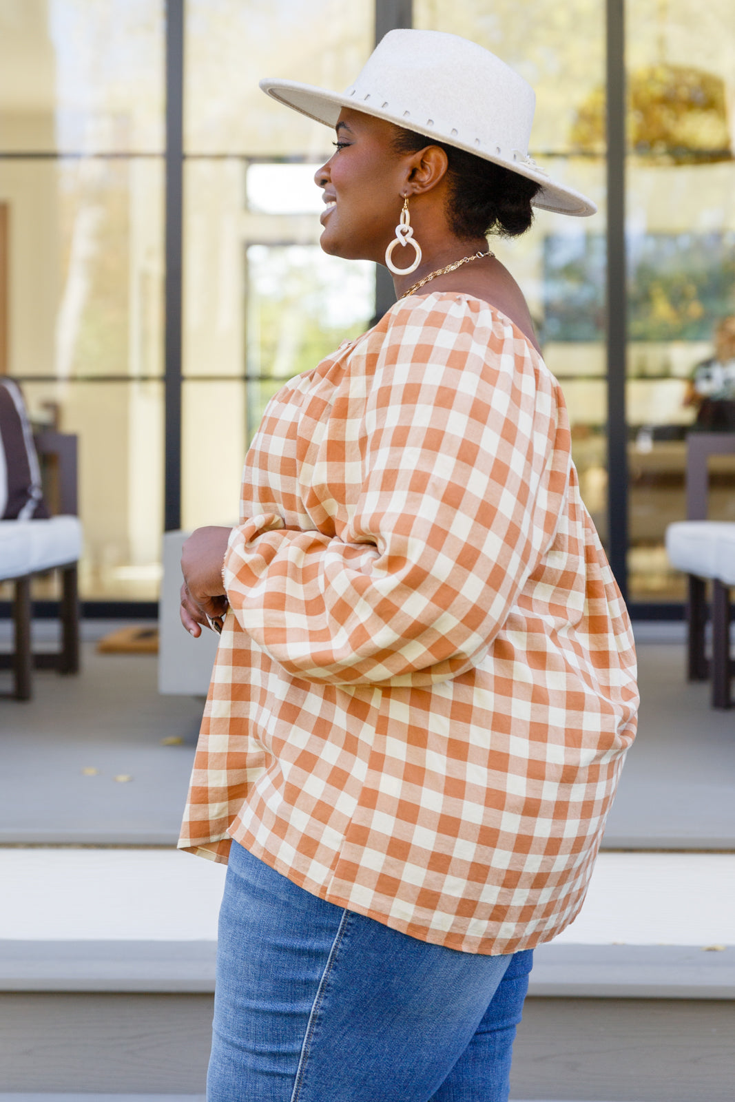 One Fine Afternoon Gingham Plaid Top In Caramel